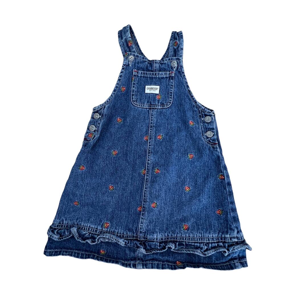 Vintage Osh Kosh Denim Girls‎ Overall Dress Embroidered Strawberries Sz 6
